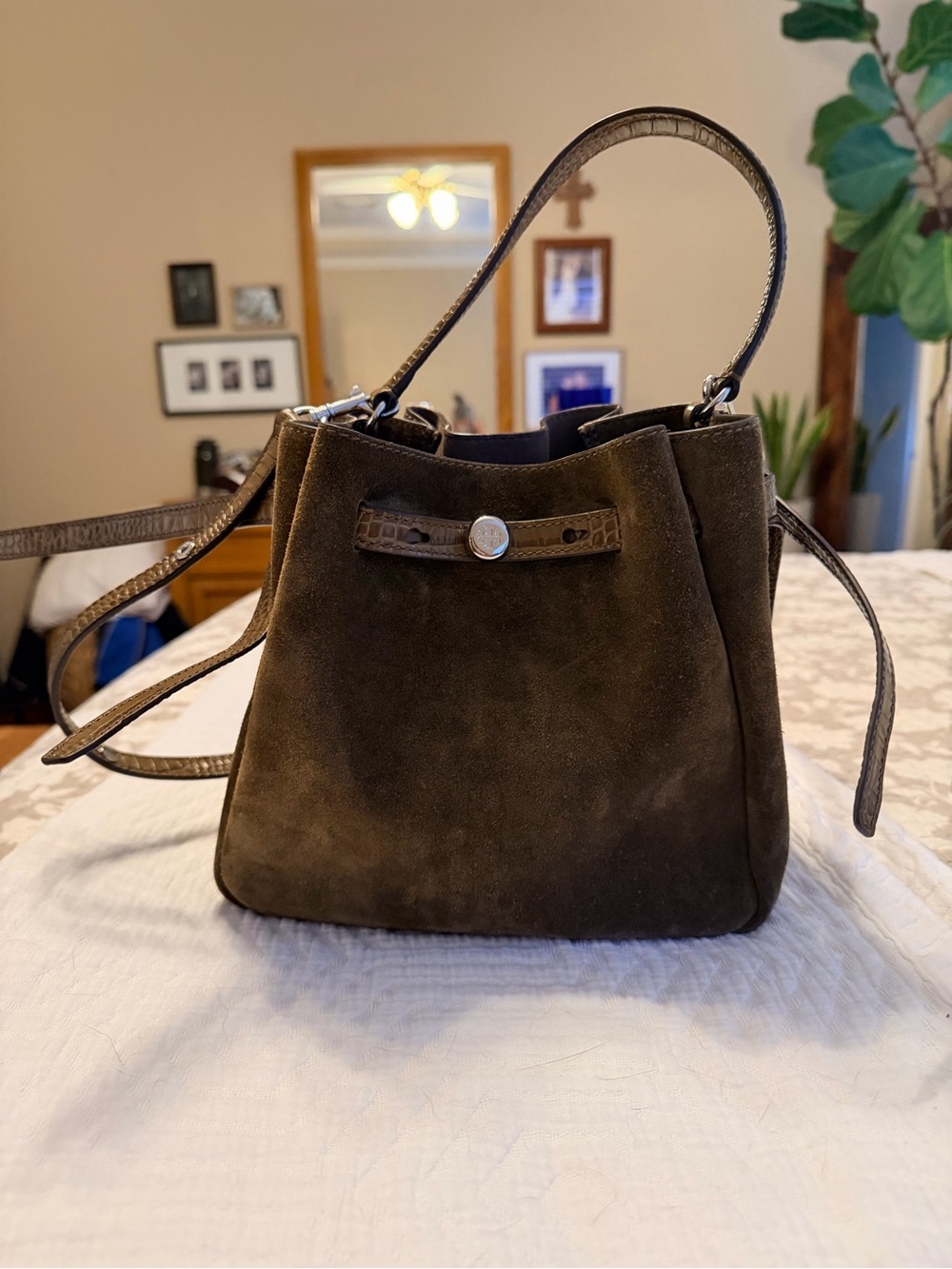 Tory Burch Dark Olive Green Suede Bucket Shoulder Bag